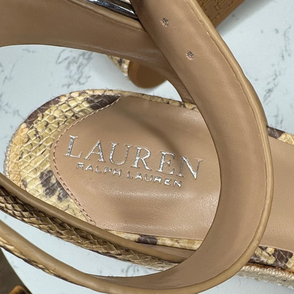 Lauren Ralph Lauren Hilarie Ankle Strap Espadrille Tan Snake Print Wedges - 10‎